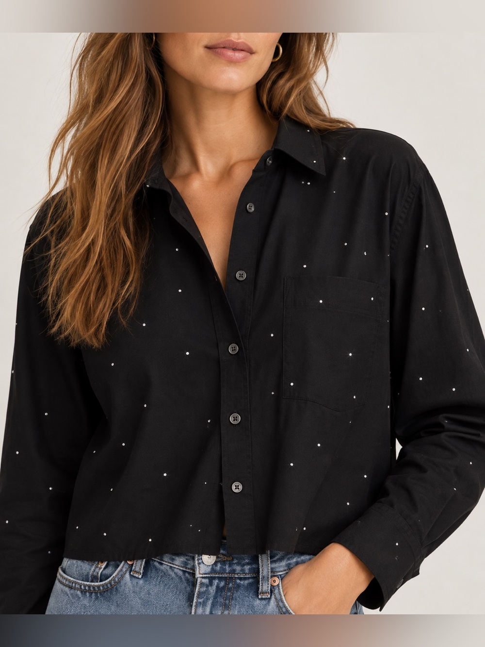 Madewell Black Cropped Button-Down Shirt with sparkling rhinestones. Size M. - Picture 1 of 9